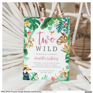TWO WILD Tropical Jungle Animals 2nd Birthday Invitation
