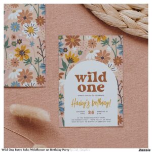 Wild One Retro Boho Wildflower 1st Birthday Party Invitation