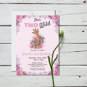 Two Wild Pink Safari Giraffe Floral Birthday Party Invitation