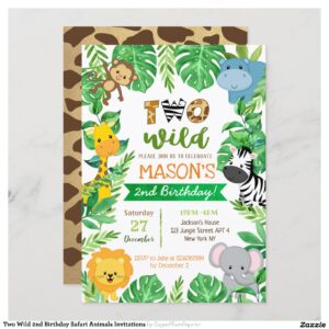 Two Wild 2nd Birthday Safari Animals Invitations