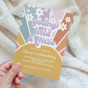Young wild three Retro Sunshine Rainbow Daisy Invitation