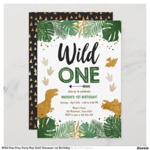 Wild One Dino Party Boy Gold Dinosaur 1st Birthday Invitation