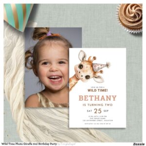 Wild Time Photo Giraffe 2nd Birthday Party Invitation