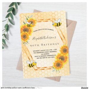 90th birthday yellow rustic sunflowers bees invitation