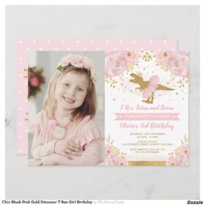 Chic Blush Pink Gold Dinosaur T Rex Girl Birthday Invitation