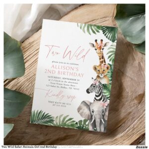 Two Wild Safari Animals Girl 2nd Birthday Invitation