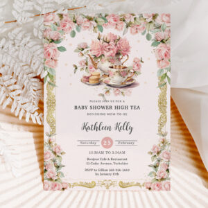 Vintage Pink Floral High Tea Party Baby Shower Invitation