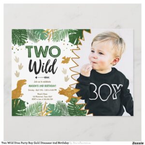 Two Wild Dino Party Boy Gold Dinosaur 2nd Birthday Invitation