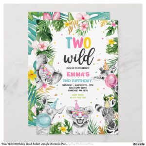 Two Wild Birthday Gold Safari Jungle Animals Party Invitation