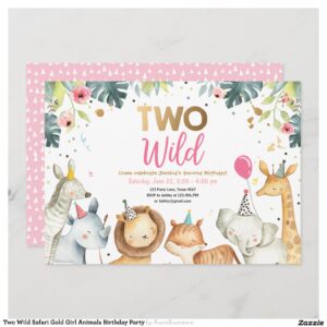 Two Wild Safari Gold Girl Animals Birthday Party Invitation