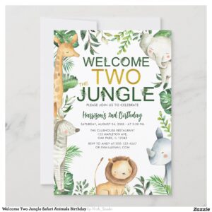 Welcome Two Jungle Safari Animals Birthday Invitation