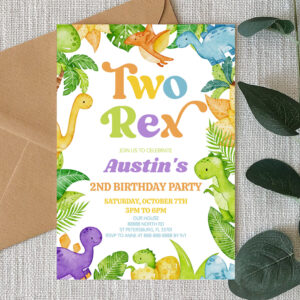 Two Rex Dinosaur 2nd Second Birthday Party Invitation