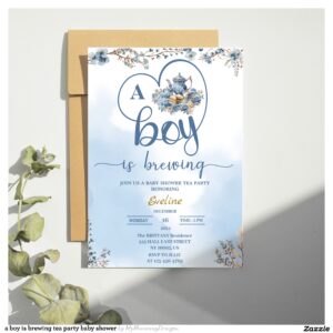 a boy is brewing tea party baby shower invitation