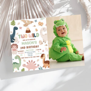 Two Wild Cute Dinosaur 2nd Birthday Photo Invitation