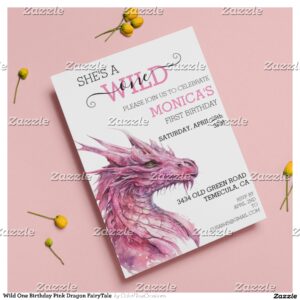 Wild One Birthday Pink Dragon FairyTale Invitation
