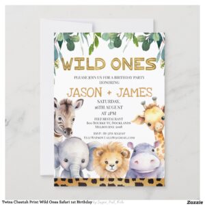 Twins Cheetah Print Wild Ones Safari 1st Birthday Invitation