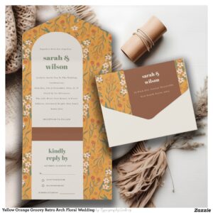 Yellow Orange Groovy Retro Arch Floral Wedding All In One Invitation