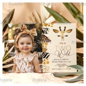 Two wild Safari giraffe modern gold photo birthday Invitation