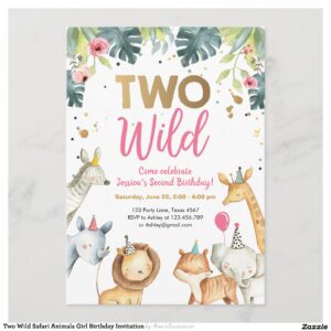 Two Wild Safari Animals Girl Birthday Invitation
