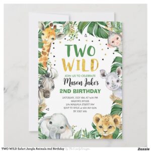 TWO WILD Safari Jungle Animals 2nd Birthday Invitation