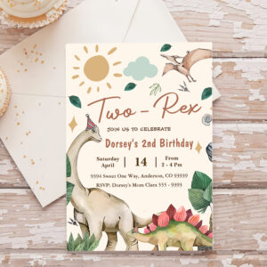 Two-Rex Dinosaur Boy 2nd Second Birthday Invitation