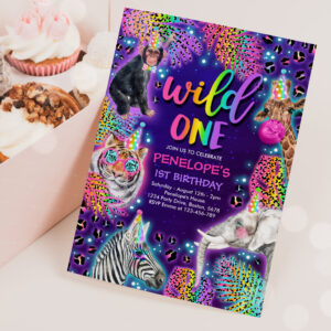 Wild One Safari Neon Rainbow Cheetah Birthday Invitation