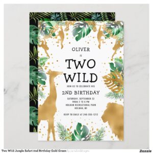 Two Wild Jungle Safari 2nd Birthday Gold Green Invitation