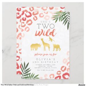 Two Wild Safari Pink and Gold 2nd Birthday Invitation