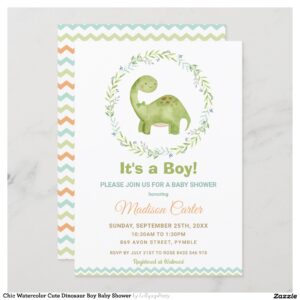 Chic Watercolor Cute Dinosaur Boy Baby Shower Invitation