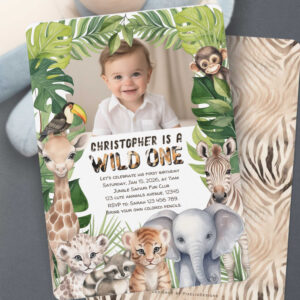 Wild one Safari themed 1st birthday photo Invitation