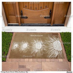 Vintage Rustic Brown White Sunflower Bee Doormat