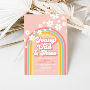 Young Wild Three Retro Rainbow 3rd Birthday Invitation